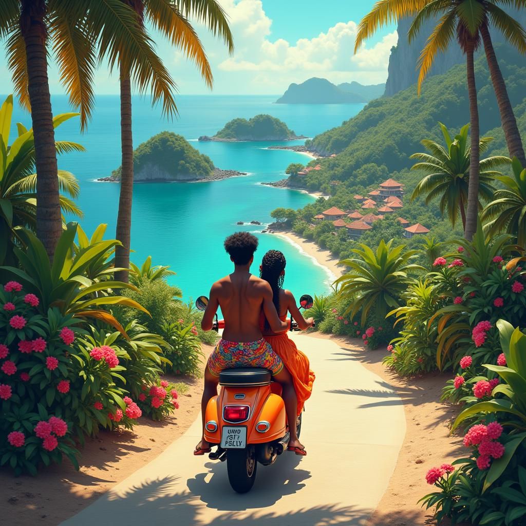 Island Vespa Ride: Afro-Chill Fantasy Concept Art