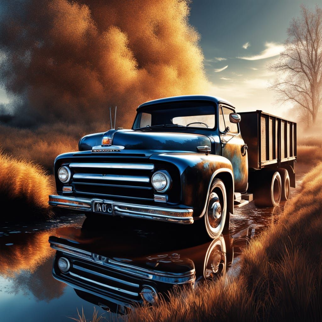 Bjørnetjeneste Style Digital Art of a Truck Pulling a Car Bu...