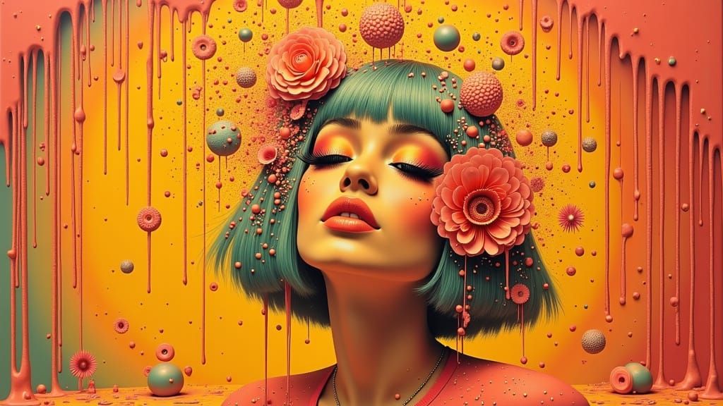 Vibrant Woman in Surreal Dreamscape, in Cubist Style