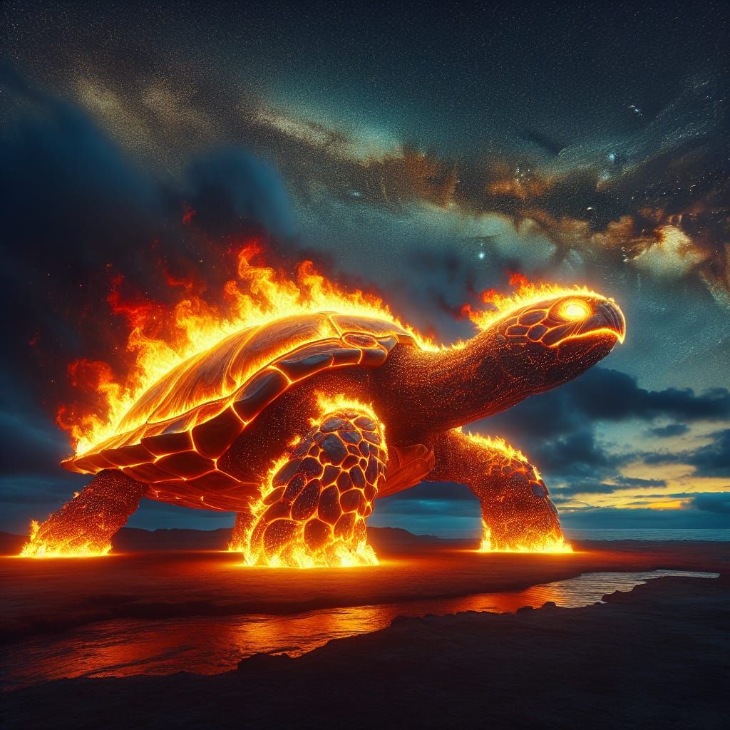 Glowing Turtle Walks Against a Golden Sunset