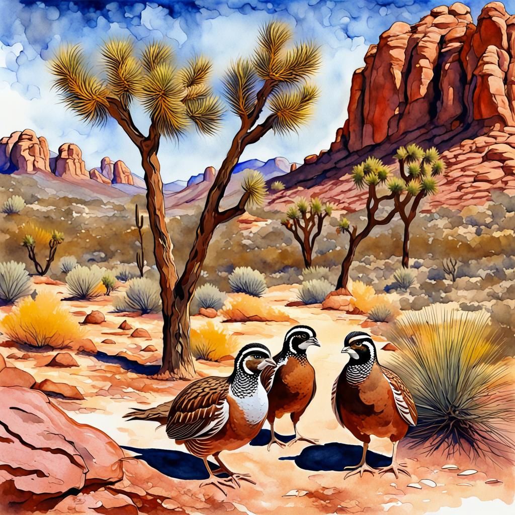 Quail Family in Red Rock Desert, Watercolor Style