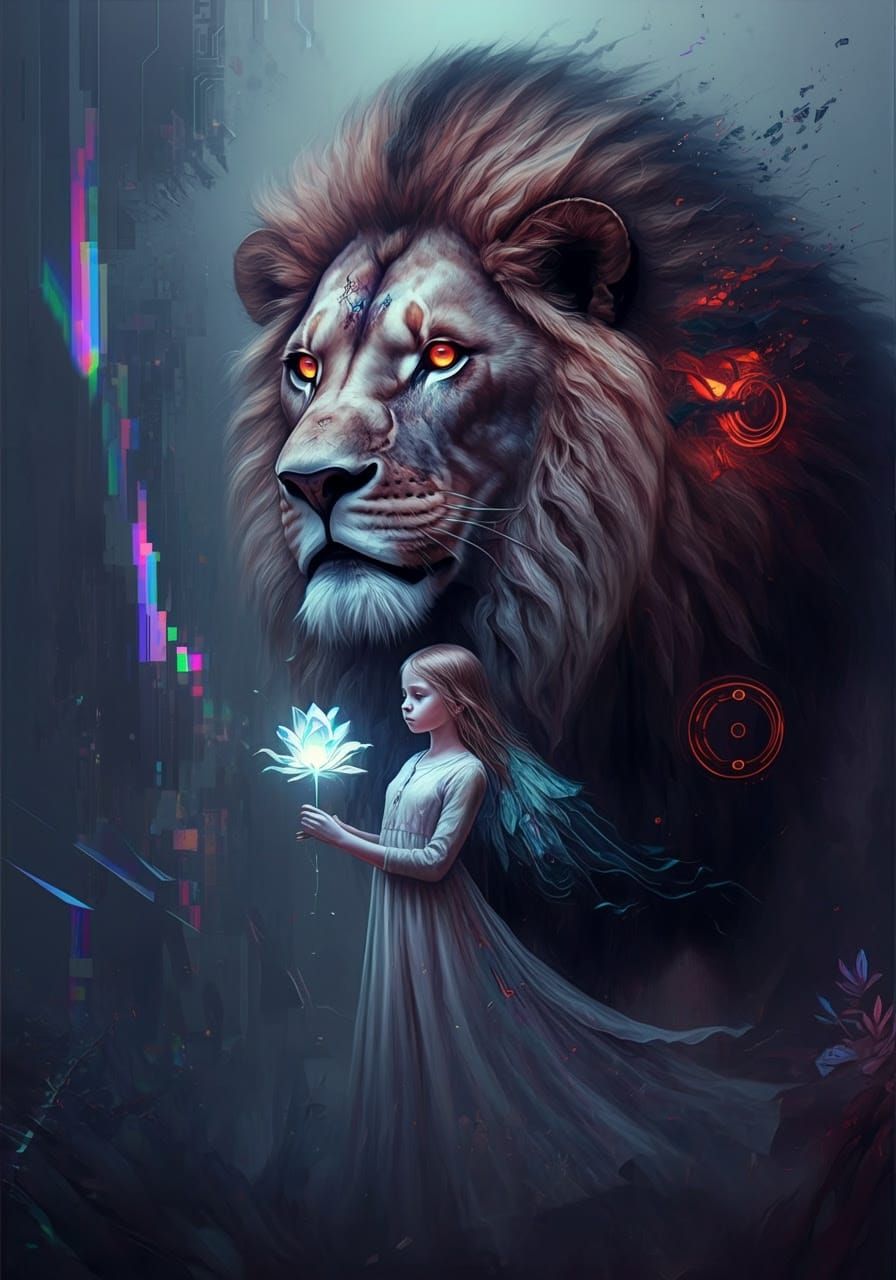 Girl in Fusion Style Meets Cybernetic Lion