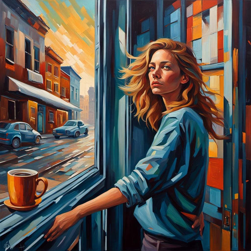 Woman Gazing at Industrial Horizon as Oil Painting