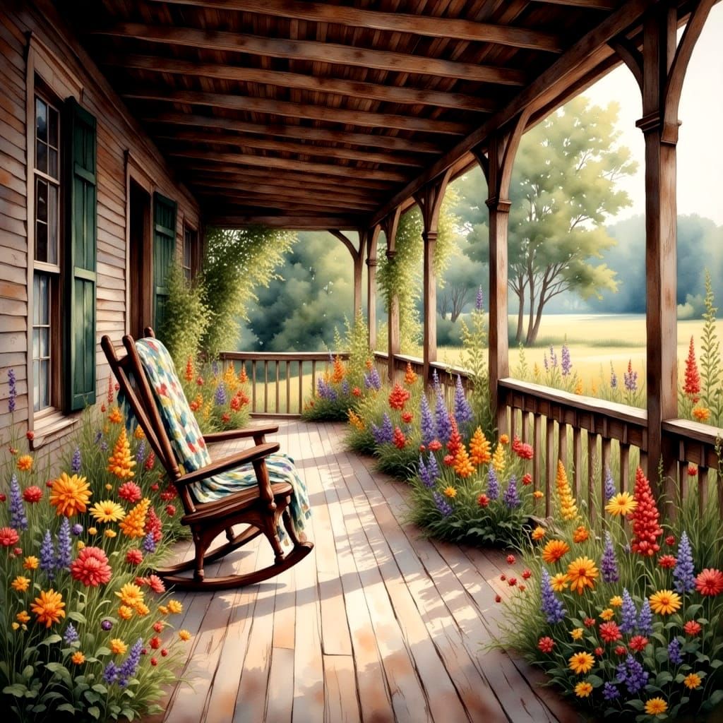 Rustic Farmhouse Porch in Watercolor Style