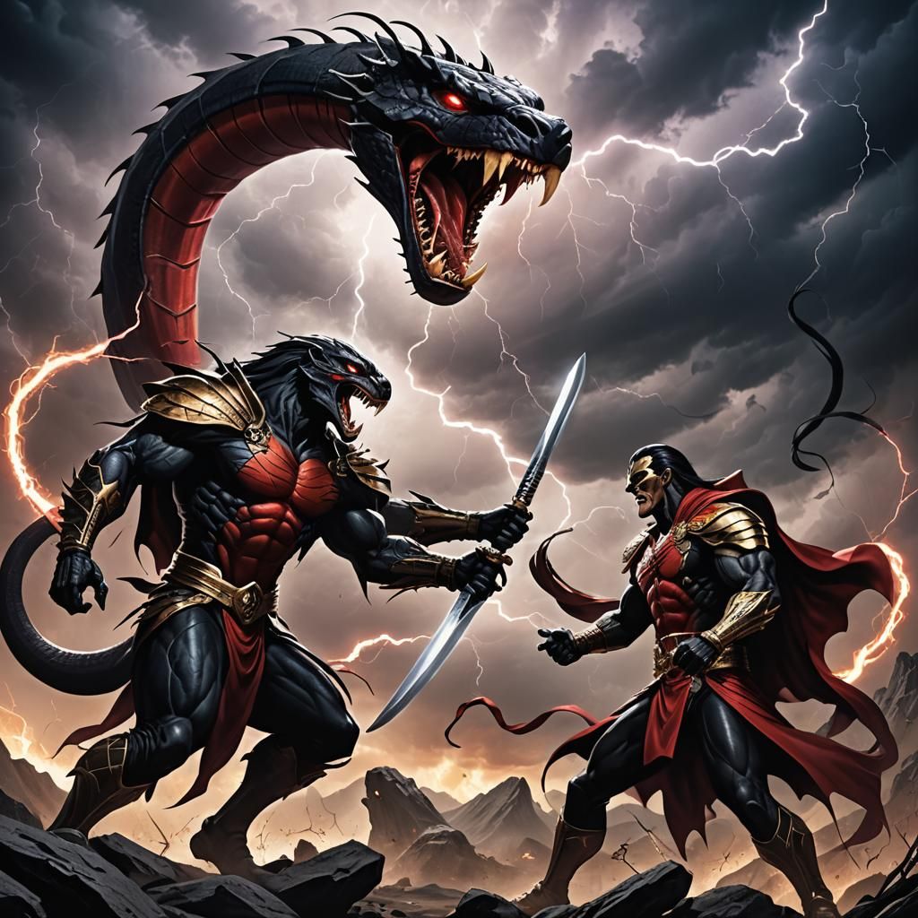 King Cobra vs Vamp: Underworld Battle in Matte Painting Styl...