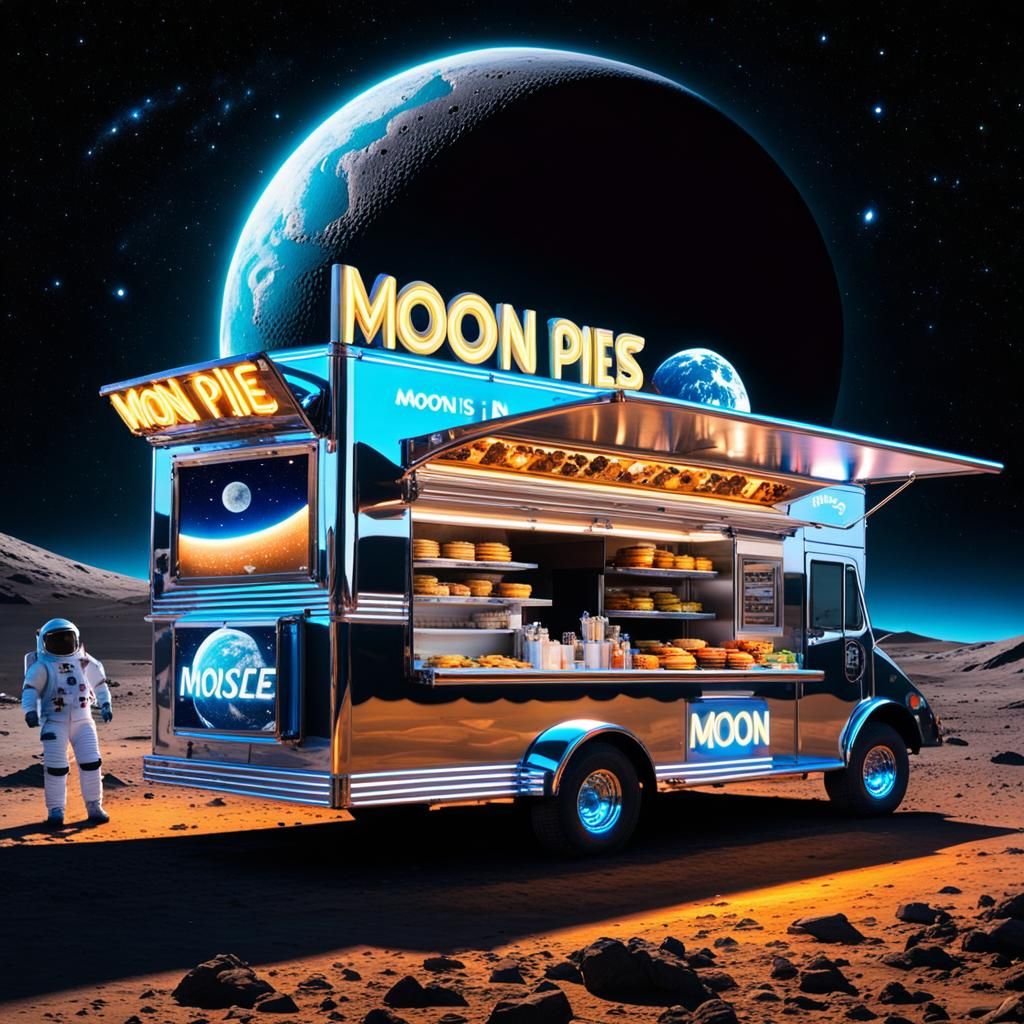 Sci-Fi Food Truck on the Moon Serving Pies