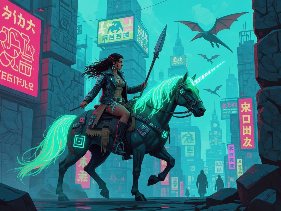 Cyberpunk Cavewoman Rides Bioluminescent Unicorn through Vib...