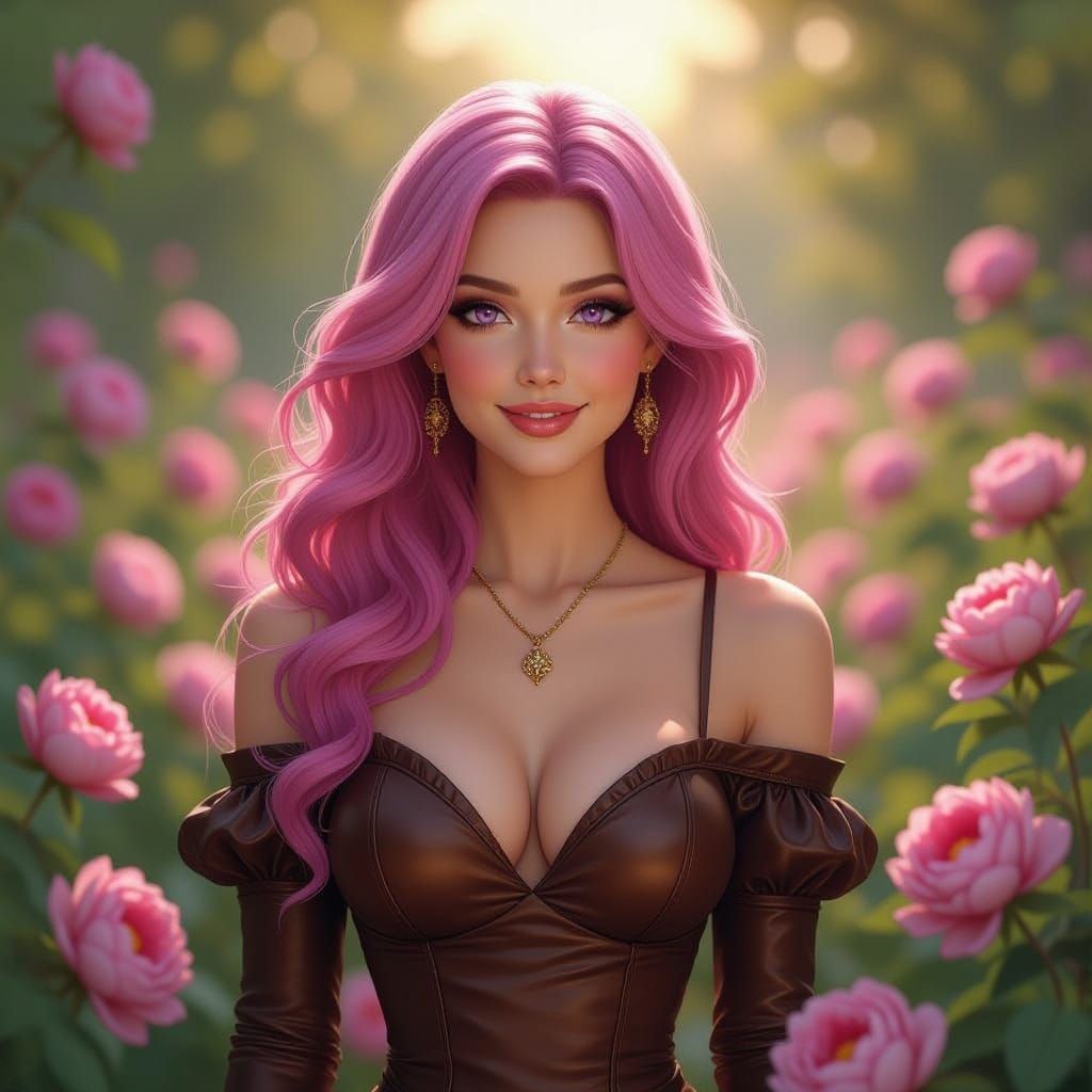 Pink Haired Woman in Peony Garden, Alcohol Ink Style