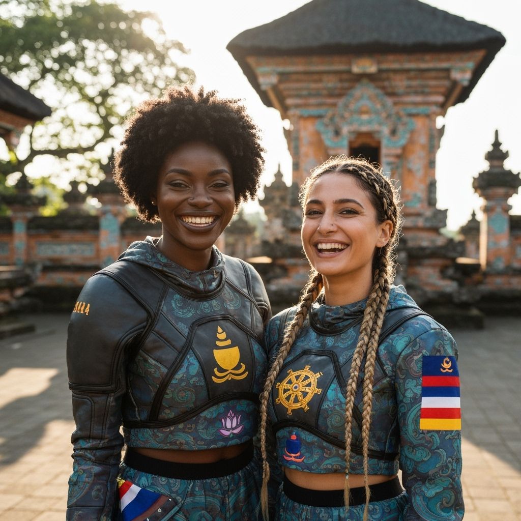 Smiling Women in Futuristic Streetwear at Indonesian Temple