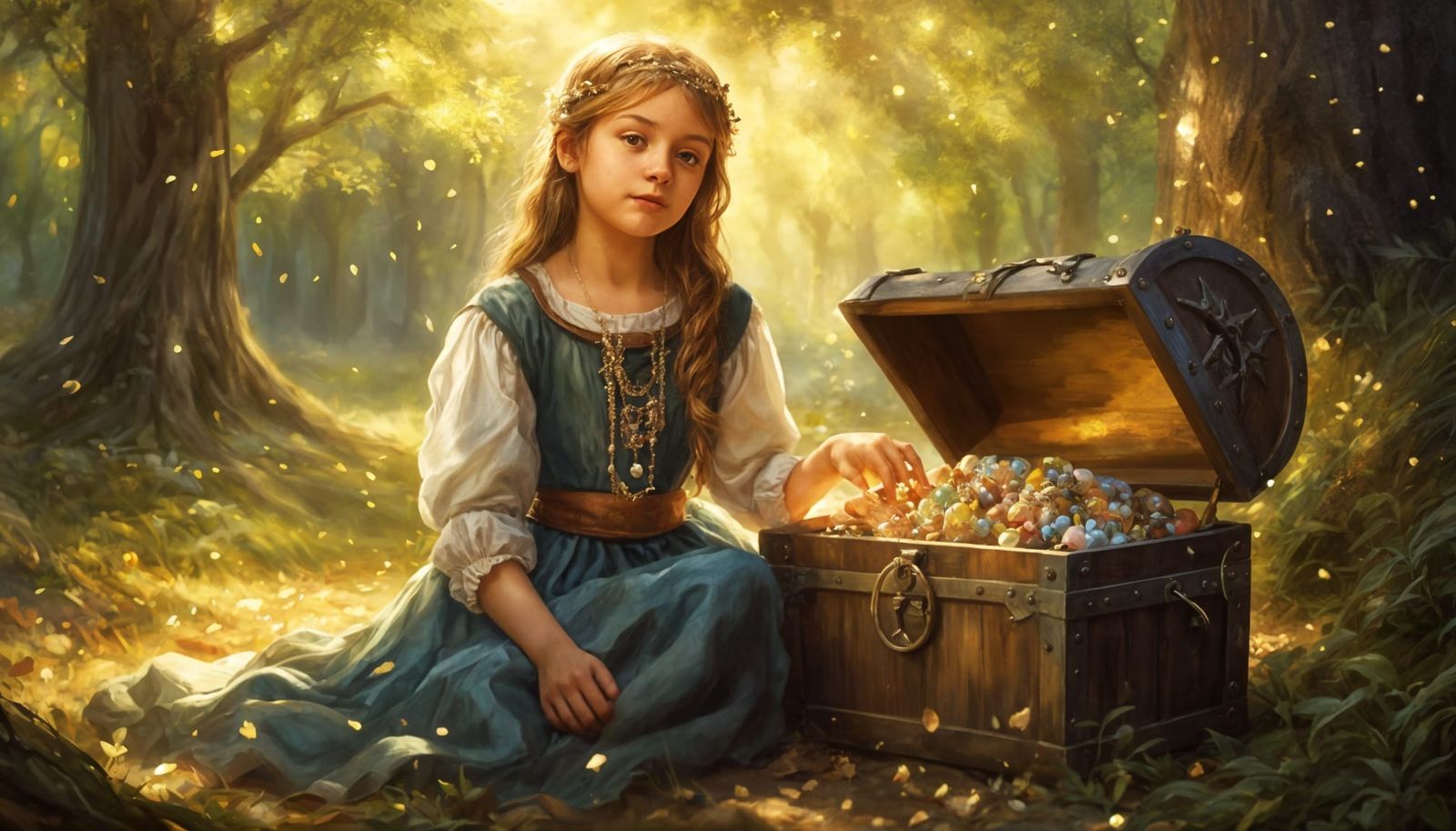 Medieval Girl Discovers Jewel Treasure in Forest Clearing
