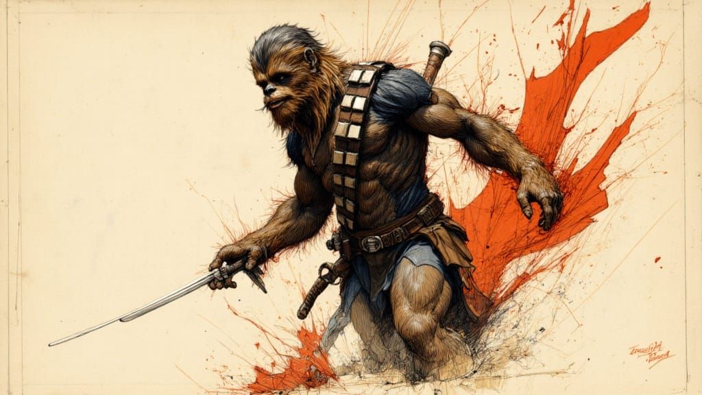 Chewbacca Action Sketch in Comic Ink Style