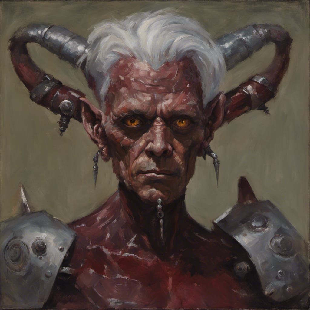 Demon Humanoid Portrait with Silver Hair, Oil Painting