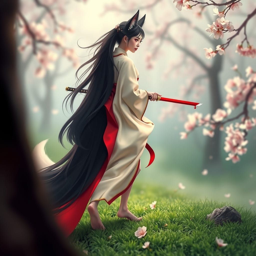 Majestic Kitsune in Cherry Blossom Forest