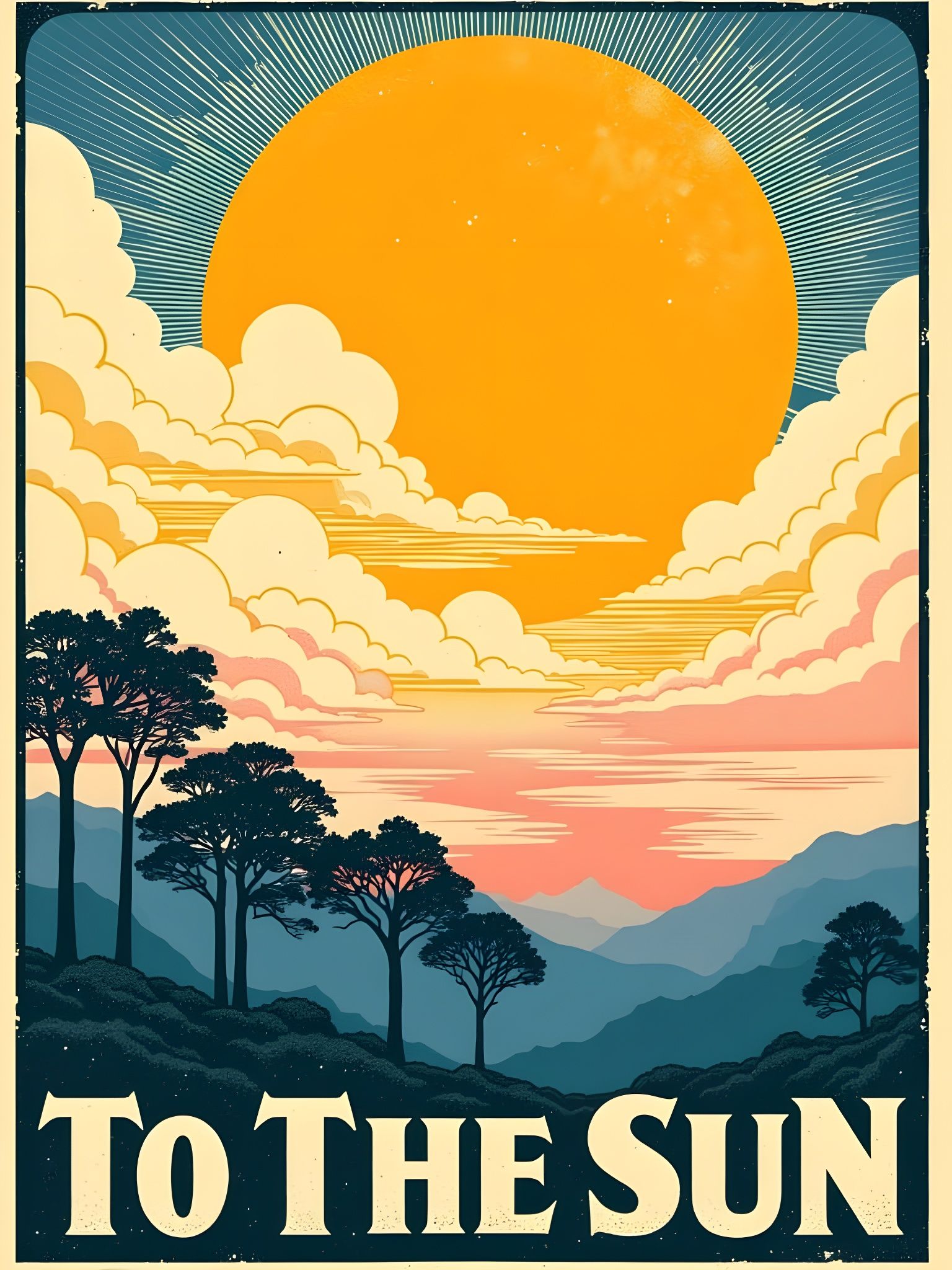 Vintage Travel Poster to the Sun in Warm Golden Hues