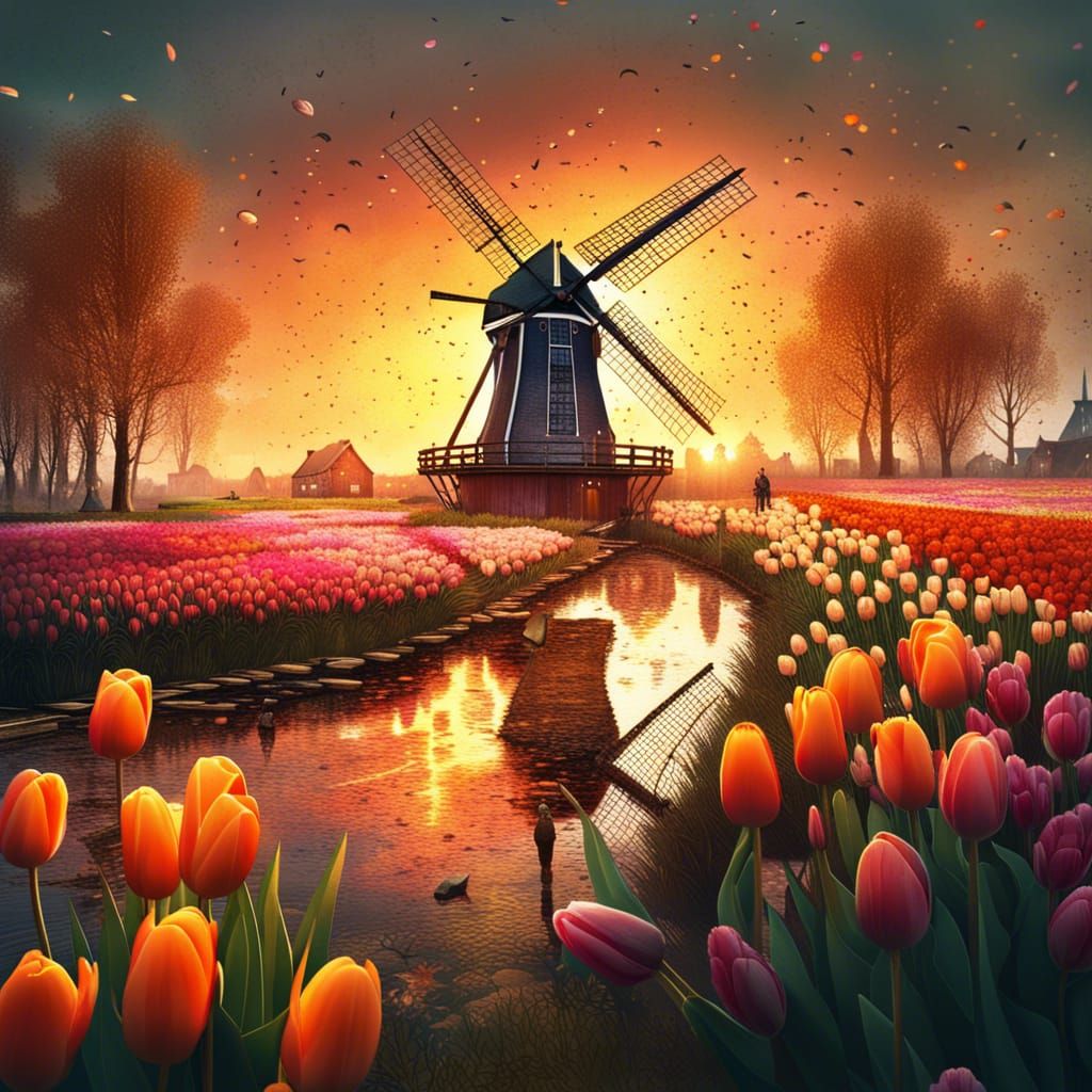 Detailed Windmill and Tulip Field at Sunset