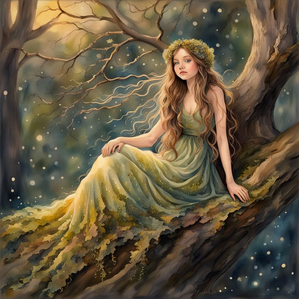 Woodland Fairy, Long Messy Hair Full of Moss, Twigs, and Dried Leaves, Flowing Starry Night Dress, Sitting in a Oak Tree...
