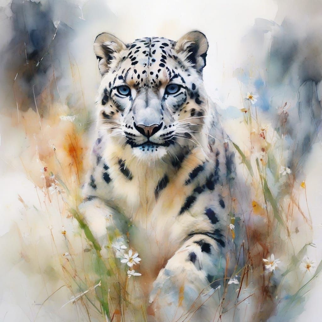 Snow Leopard in Winter Landscape Neo-Impressionist Oil Paint...