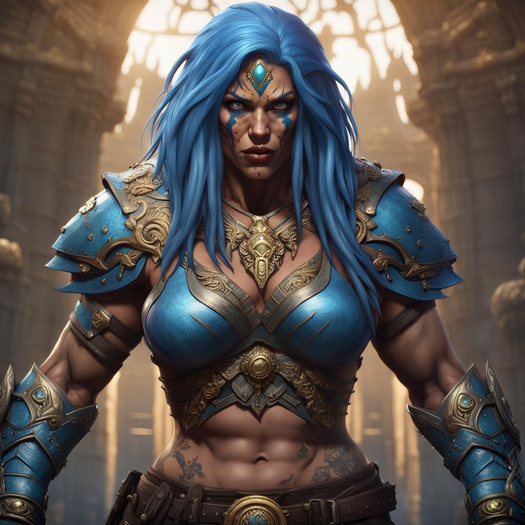 Powerful Goliath Barbarian with Blue Hair, Fantasy Art