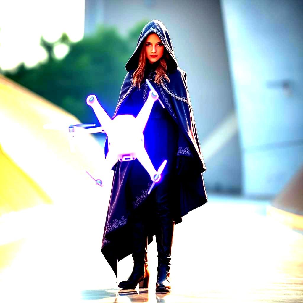 Ethereal Purple Figure Surrounded by Futuristic Drone Light