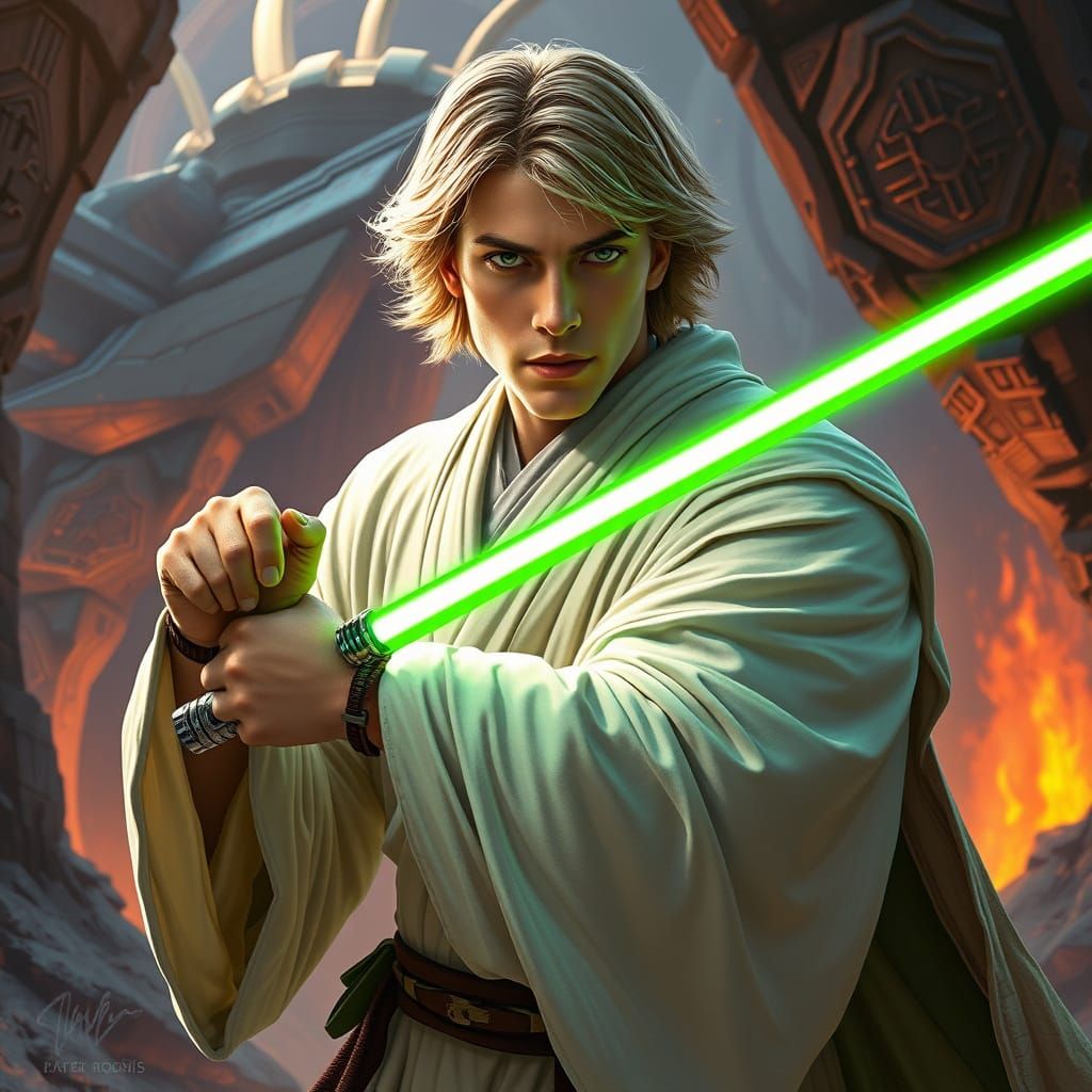 Young Jedi Knight with Green Lightsaber, Fantasy Concept Art