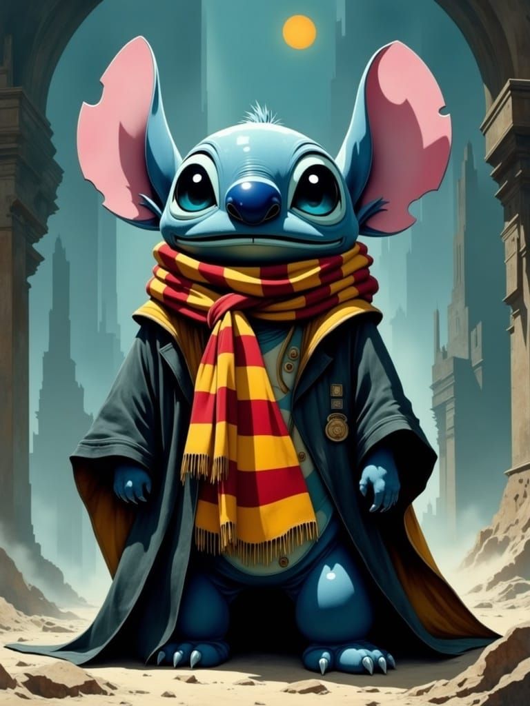 Stitch as Harry Potter in Brutalist Style