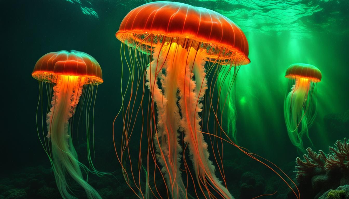 Bioluminescent Comb Jellyfish and Swimmer in Ultrarealistic ...