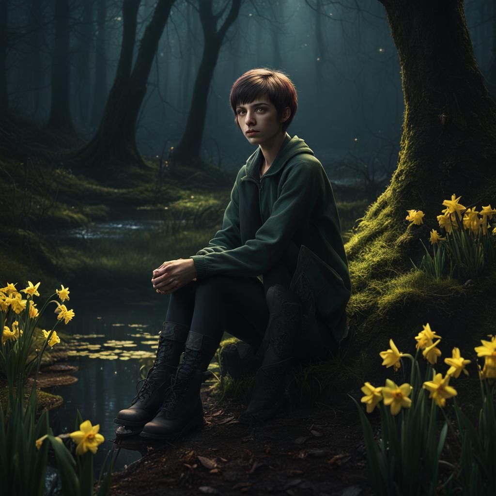 Ugly Girl in Dark Woods: Detailed Matte Painting