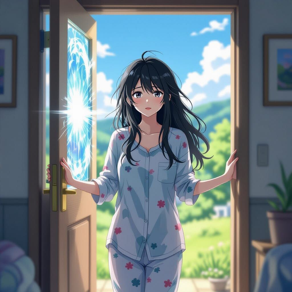 Anime-Inspired Woman Opens Portal in Shimmering Light