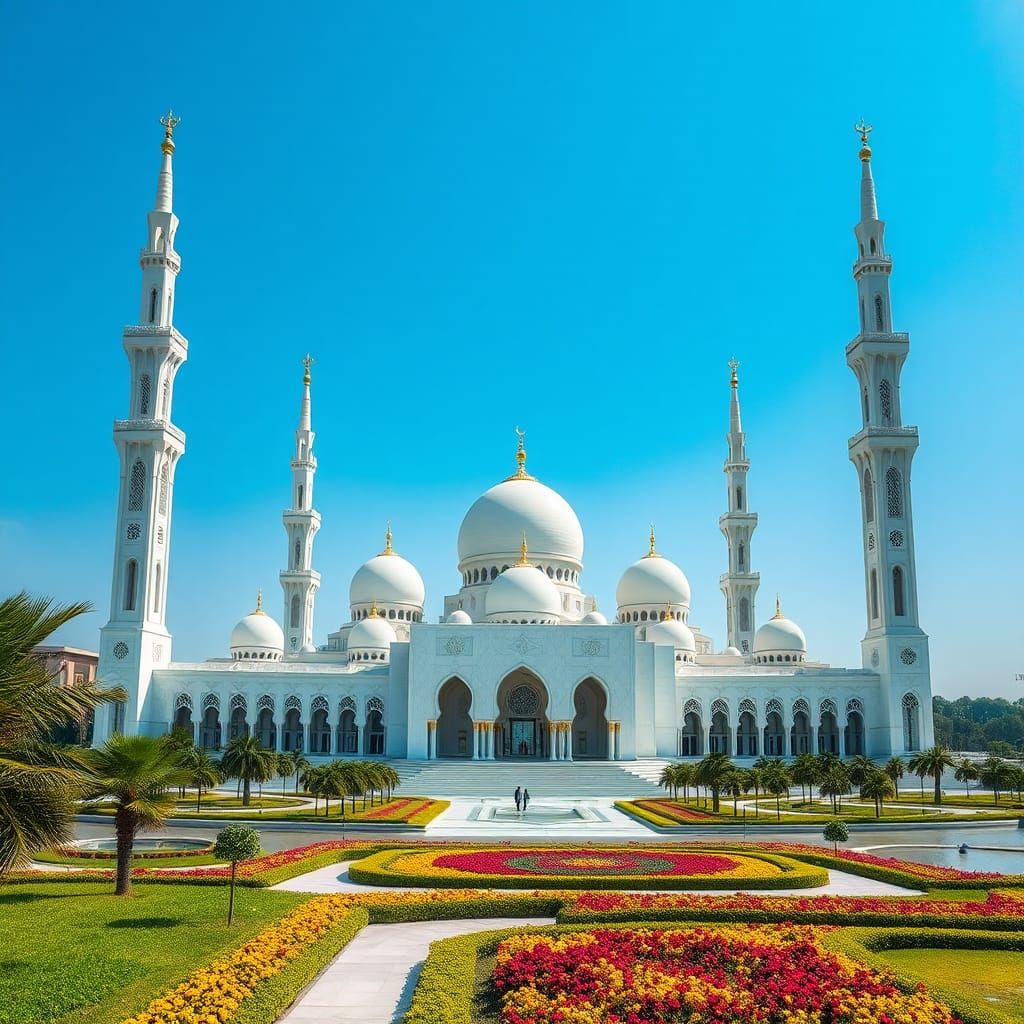 Futuristic White Mosque with Intricate Carvings and Gardens