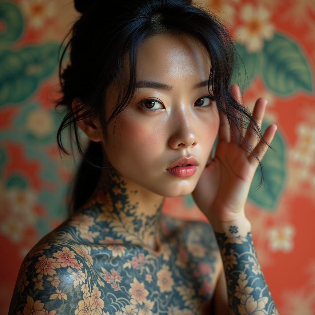Woman with Intricate Japanese Tattoos in a Vibrant Ukiyo-e I...