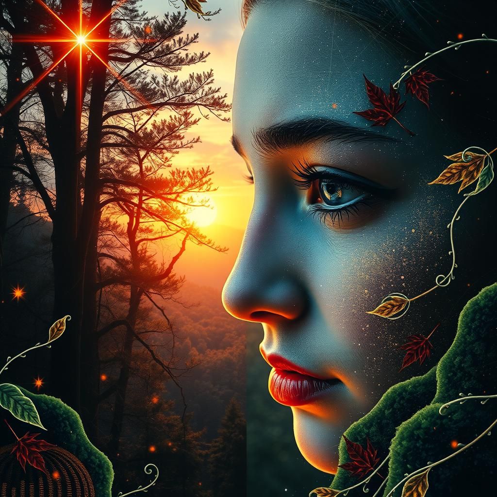 Mystical Sunset Forest Girl: Collage-Style Portrait