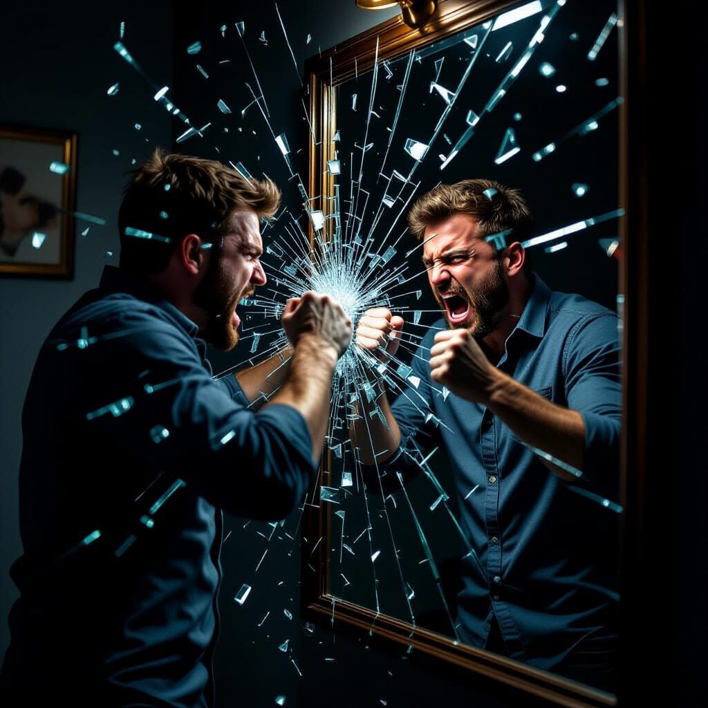 Angry Man Shatters Mirror, Reflection Fights Back