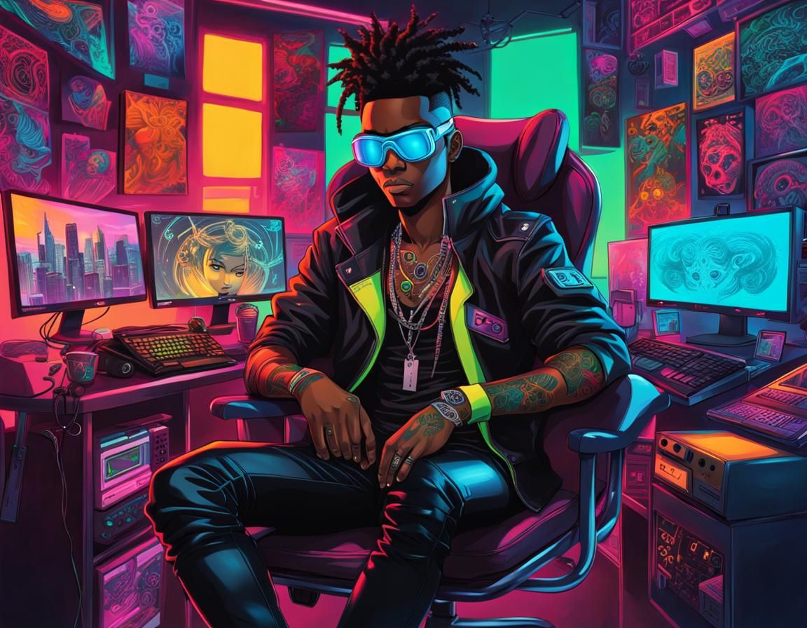 Cyberpunk Hacker in Neon Anime Style