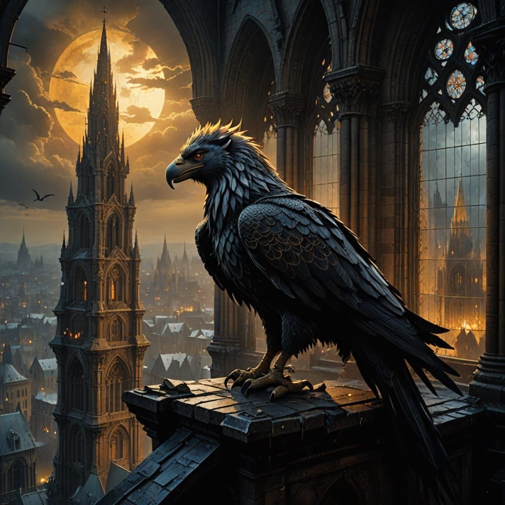Griffin Overlooking Gothic City in Dark Fantasy Art