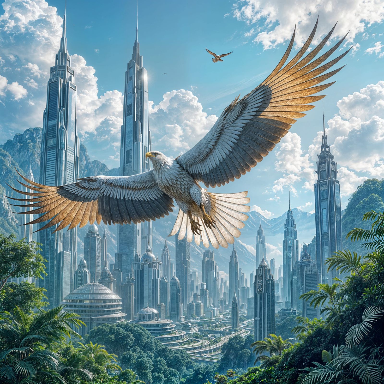 Biomechanical Eagles Soar Over Futuristic Palawan Metropolis