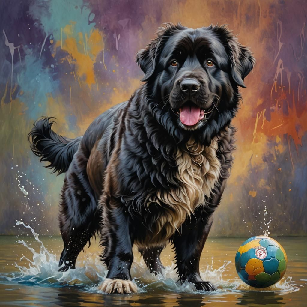Hyperrealistic Newfoundland Dog with Ball