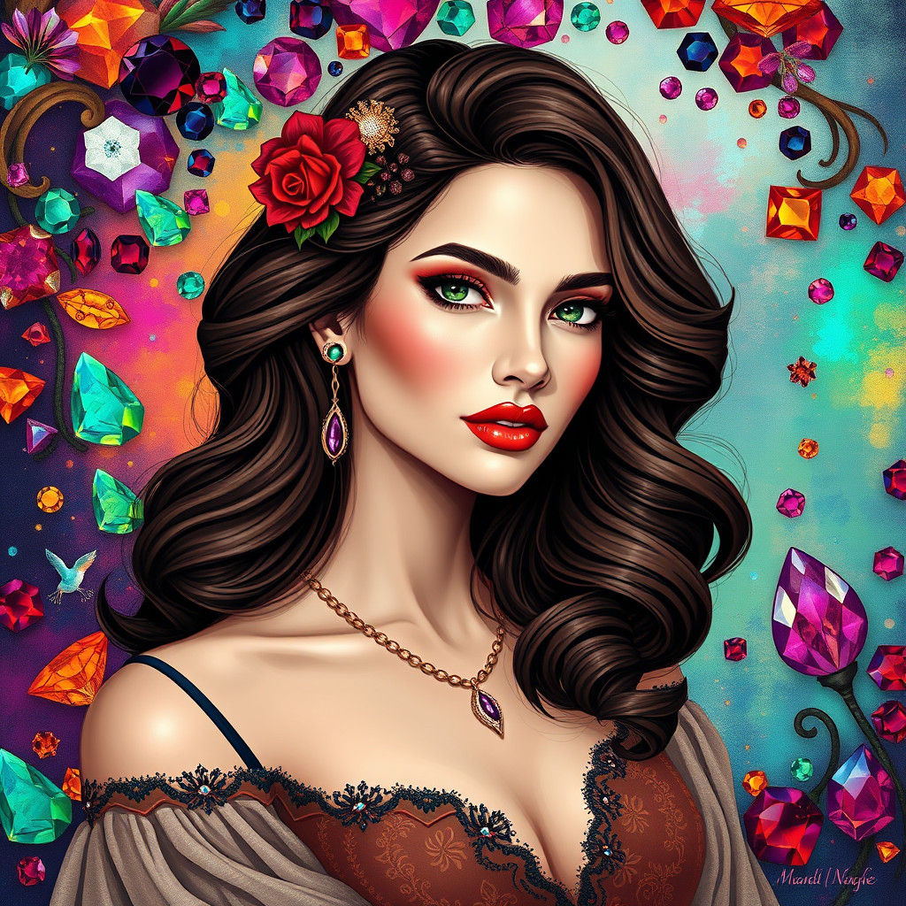 Stunning Woman with Gemstone Background in Art Nouveau Style