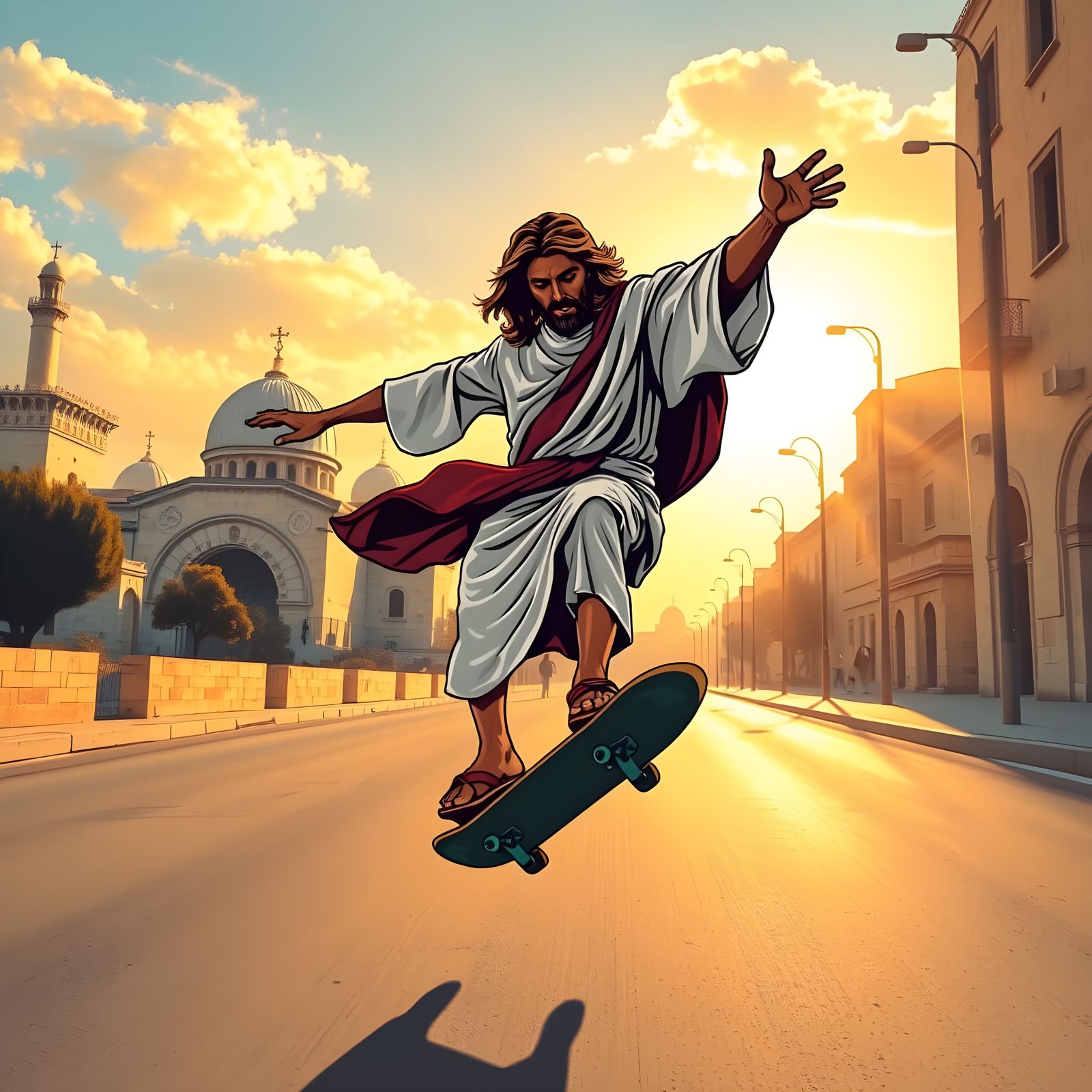Jesus Kickflips on Skateboard in Jerusalem Street Art Style