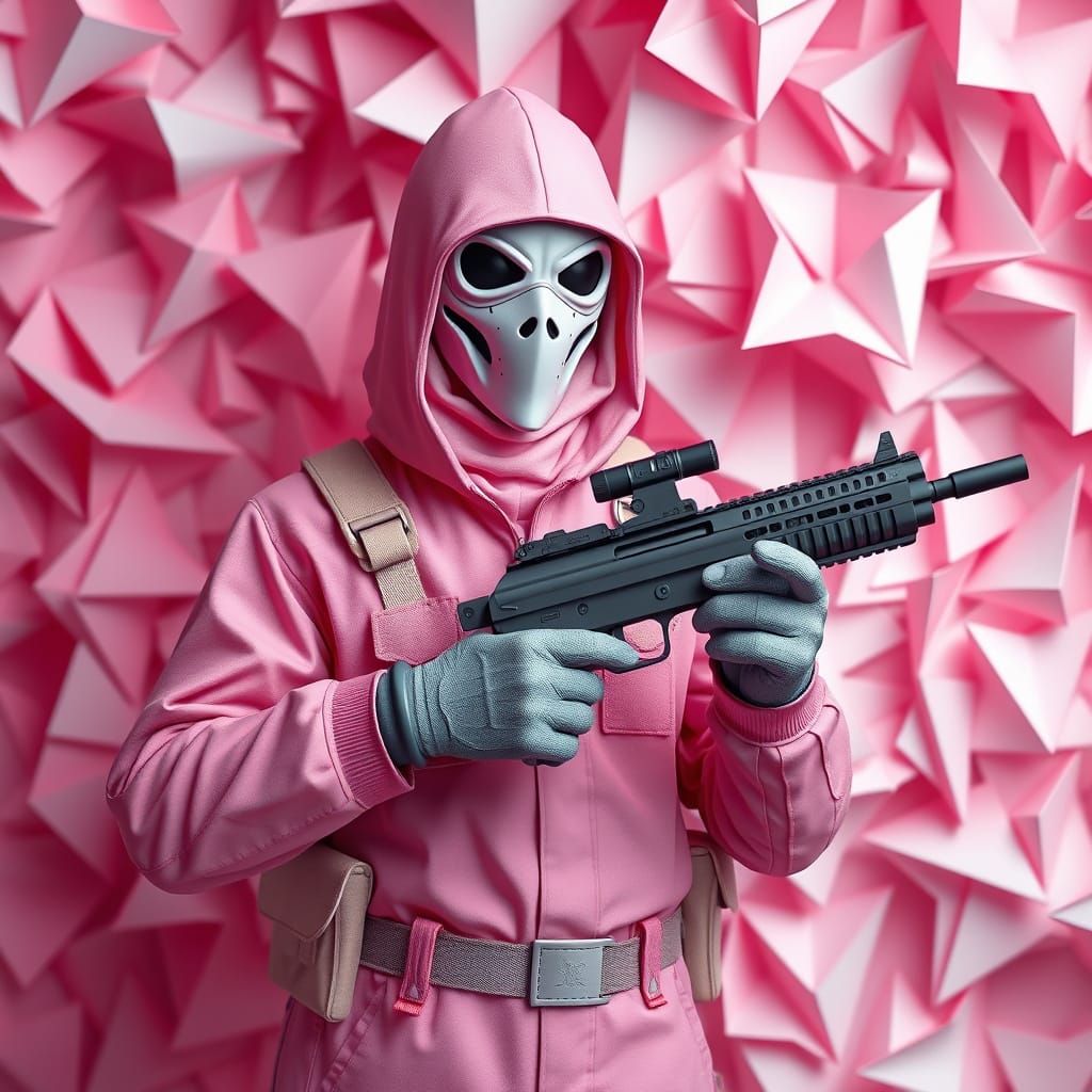 Surreal Pink Soldier in Origami Landscape
