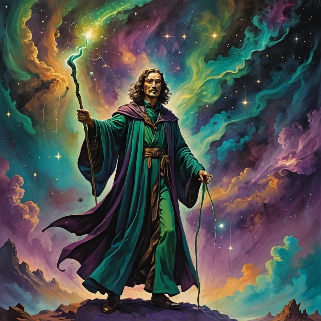 Wizard with Magic Staff in Surreal Cosmic Scene