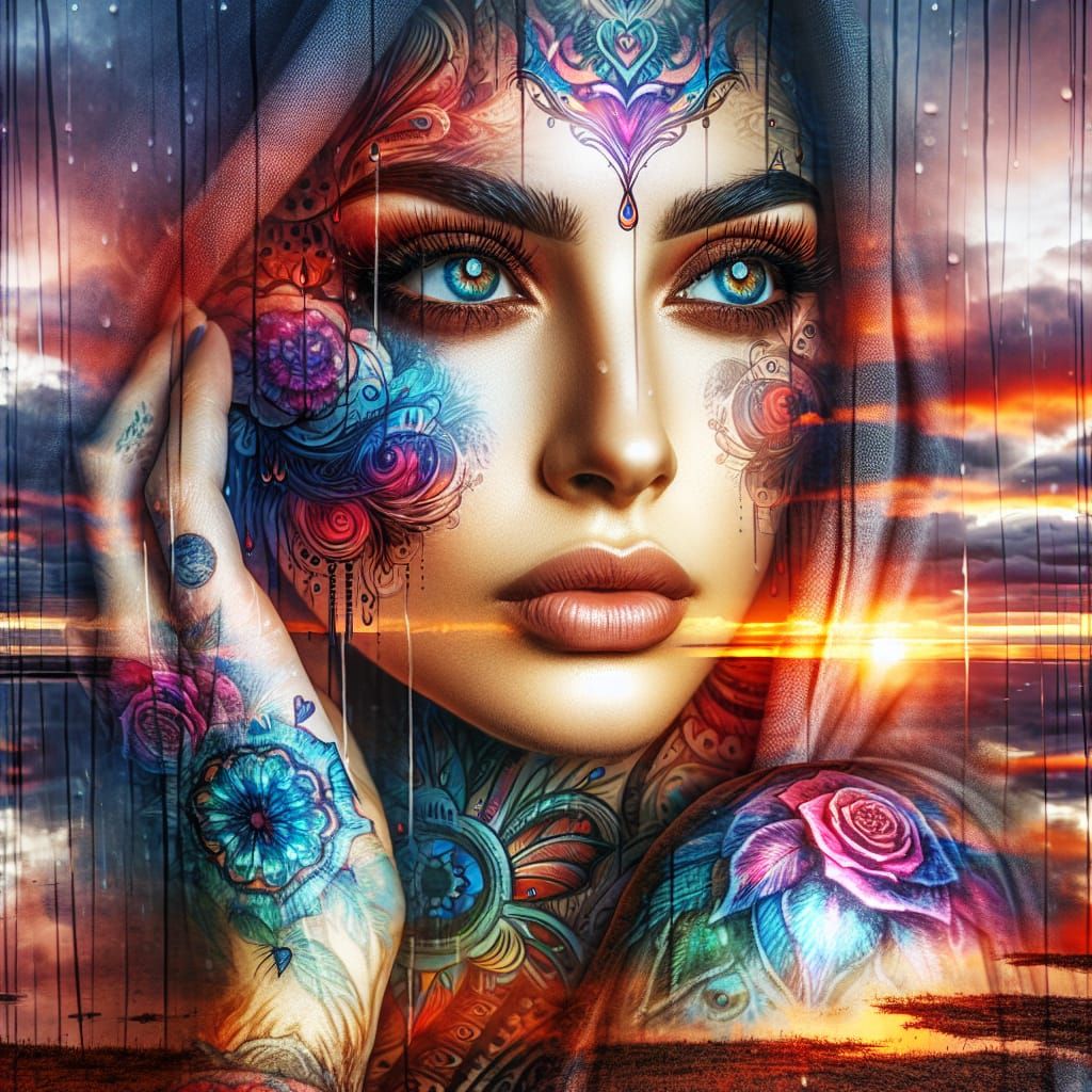 Double Exposure: Tattooed Woman in Sunset Rain