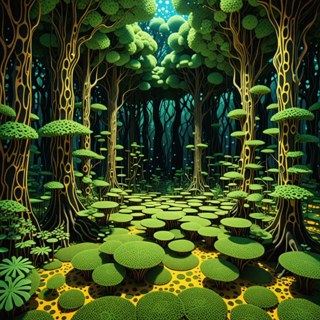 Tranquil Healing Grove Interior with Abstract Fractals