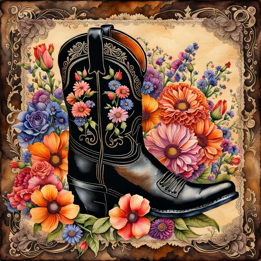 Floral Cowboy Boot in Watercolor Style