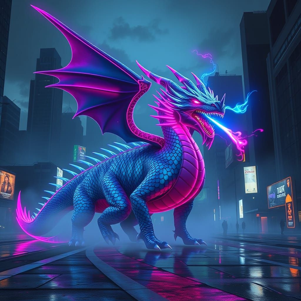 Neon Dragon Illuminates Futuristic Cityscape