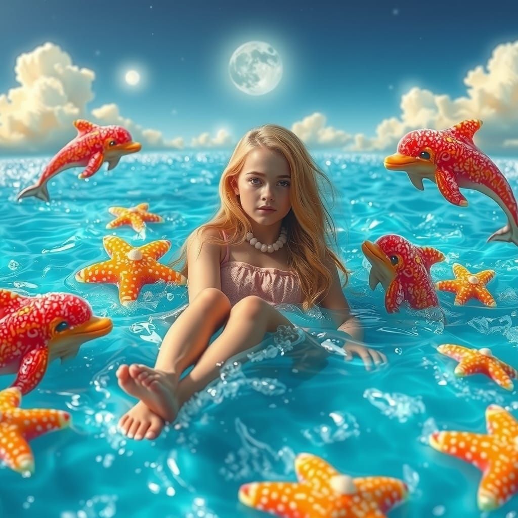 Woman Floats on Soda Sea With Gummy Dolphins and Sugar Starf...