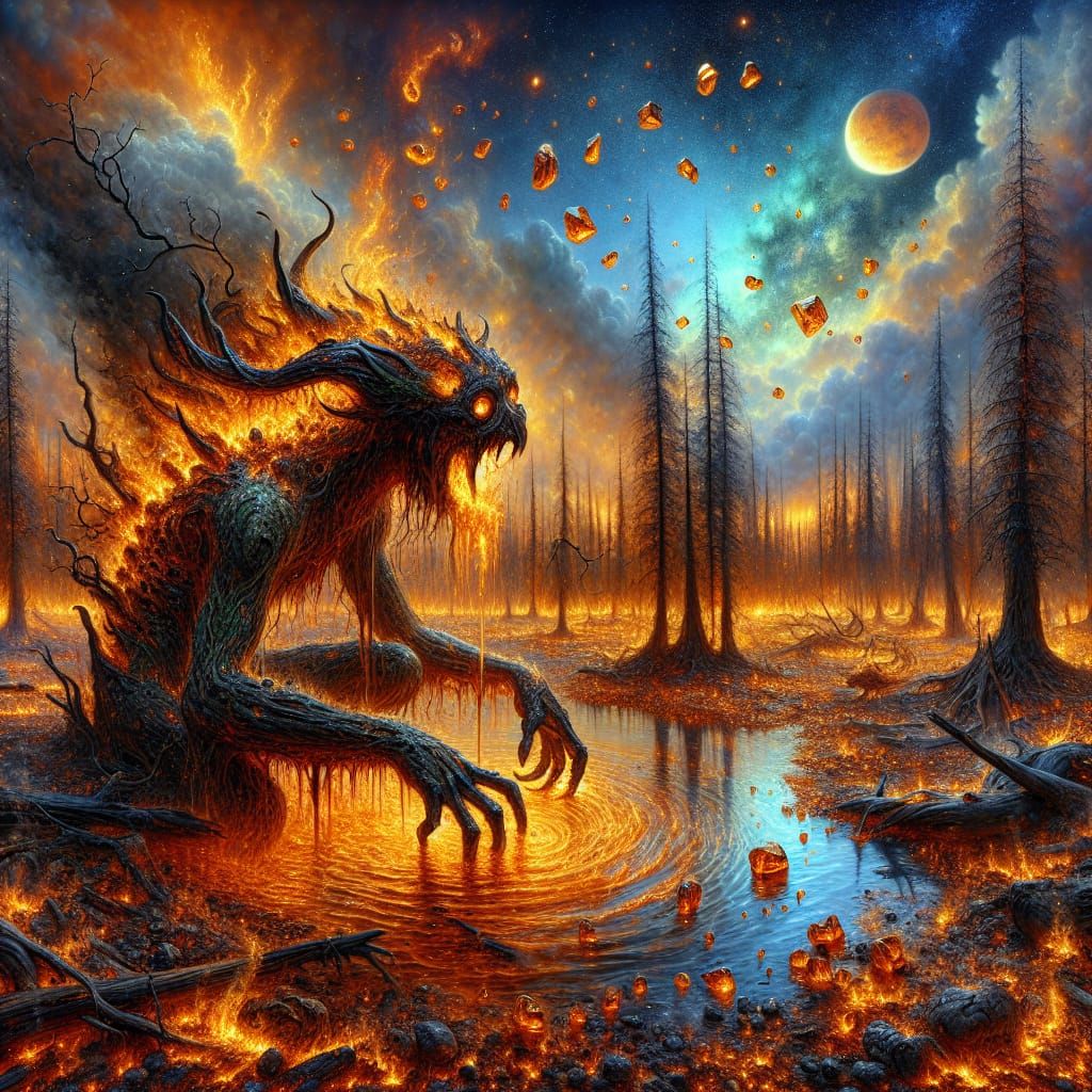 Inferno: Mythical Creature Emerges in Burning Landscape