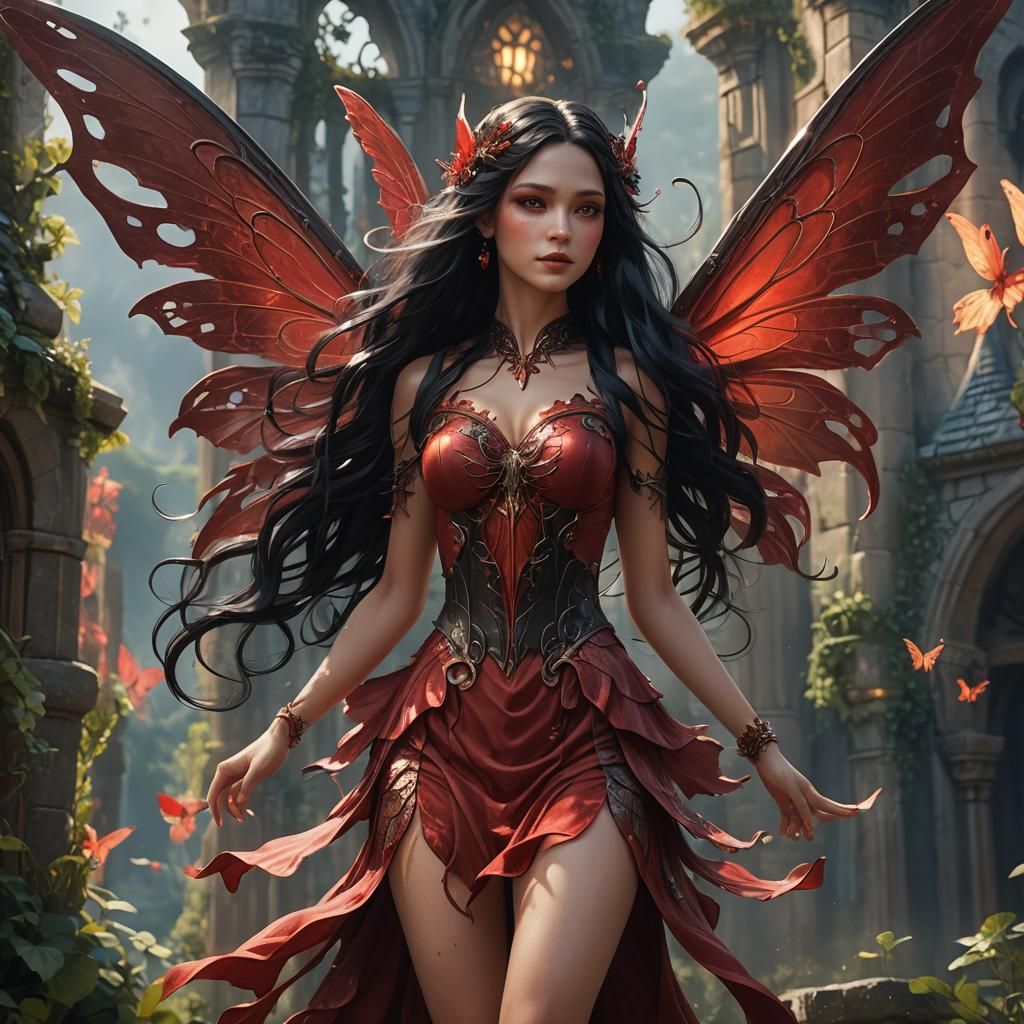 Red Fairy with Black Hair in Detailed Matte Painting