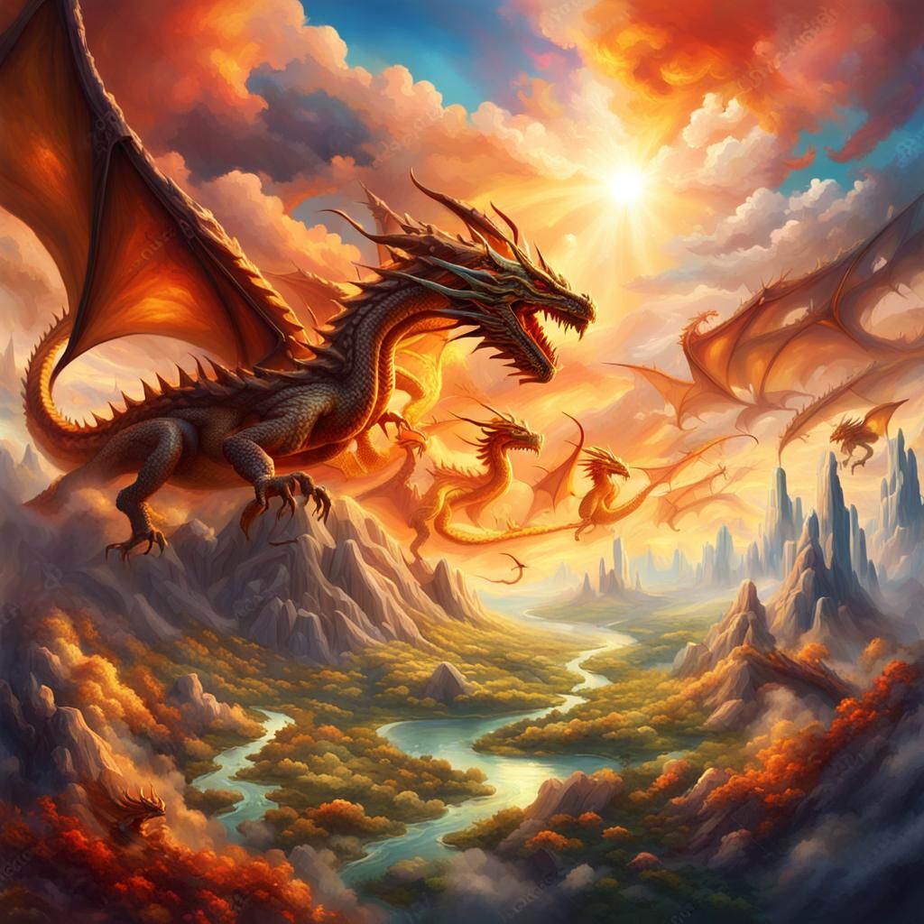 Dragons Scramble in Summer Sky: Fantasy Concept Art