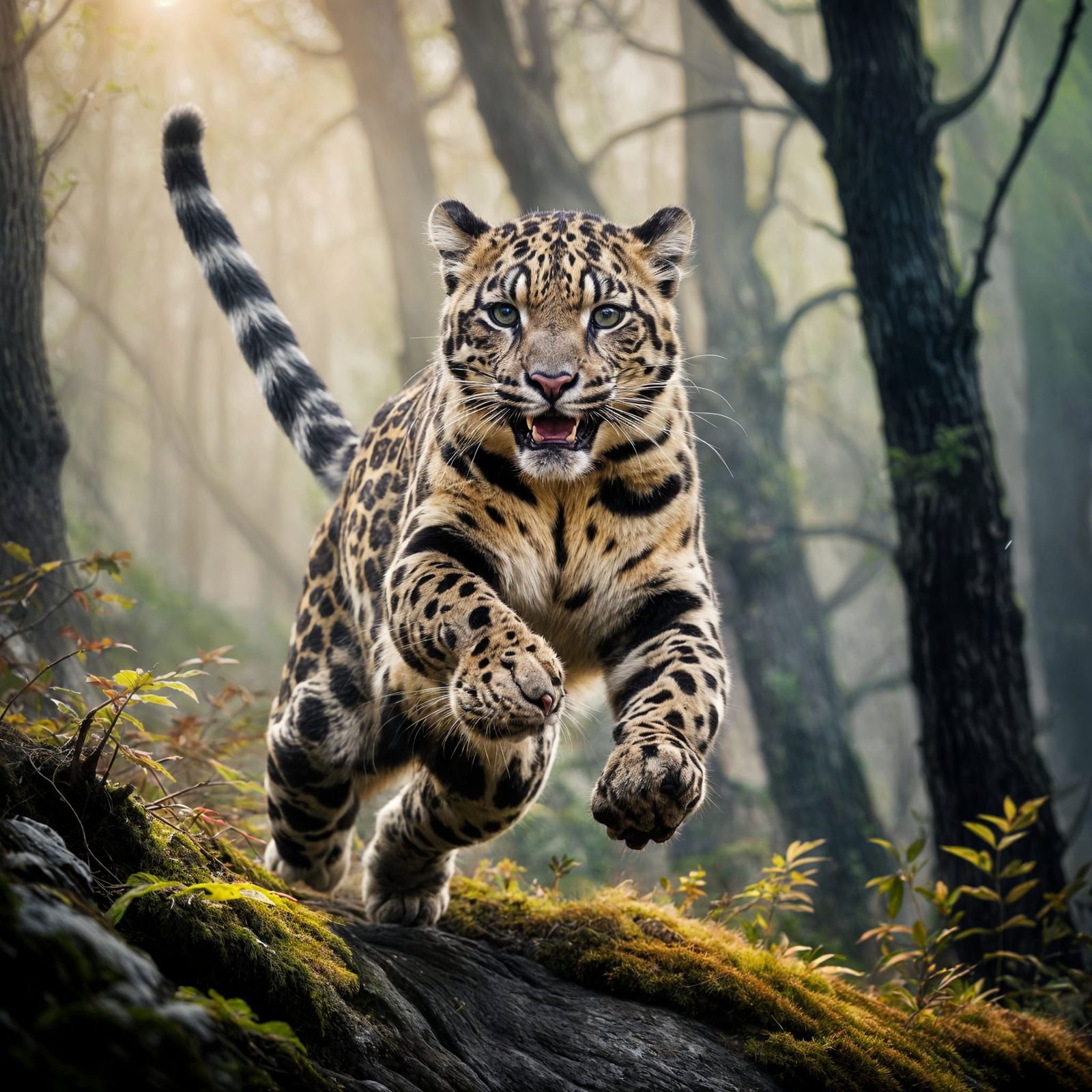 Clouded Leopard Leaping From Hill: Hyper-Realistic Photo