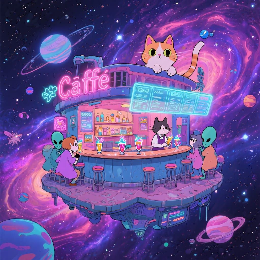 Cosmic Cat Cafe in Nebula: A Whimsical Fantasy Cartoon